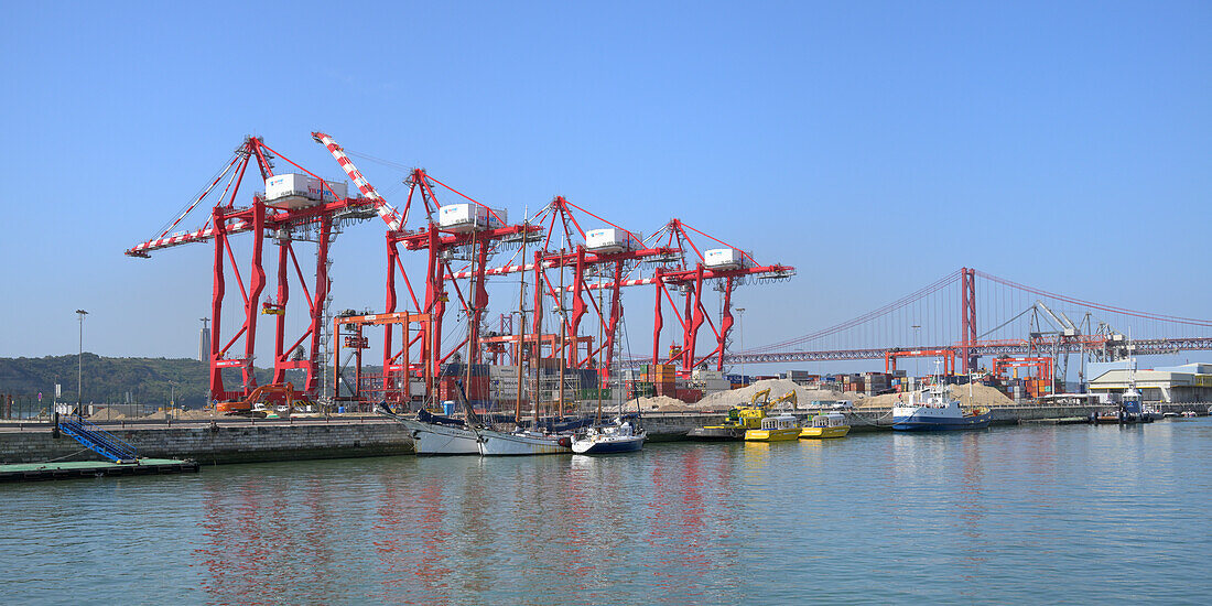 Lisbon port, Alcantara docks and 25 April bridge, Lisbon, Portugal, Europe