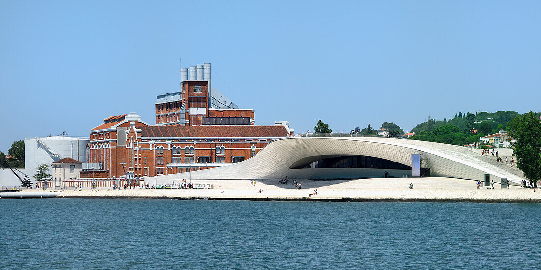 Museum of Art Architecture and Technology (MAAT) and Museum of Electricity viewed from the Tagus River, Belem, Lisbon, Portugal, Europe