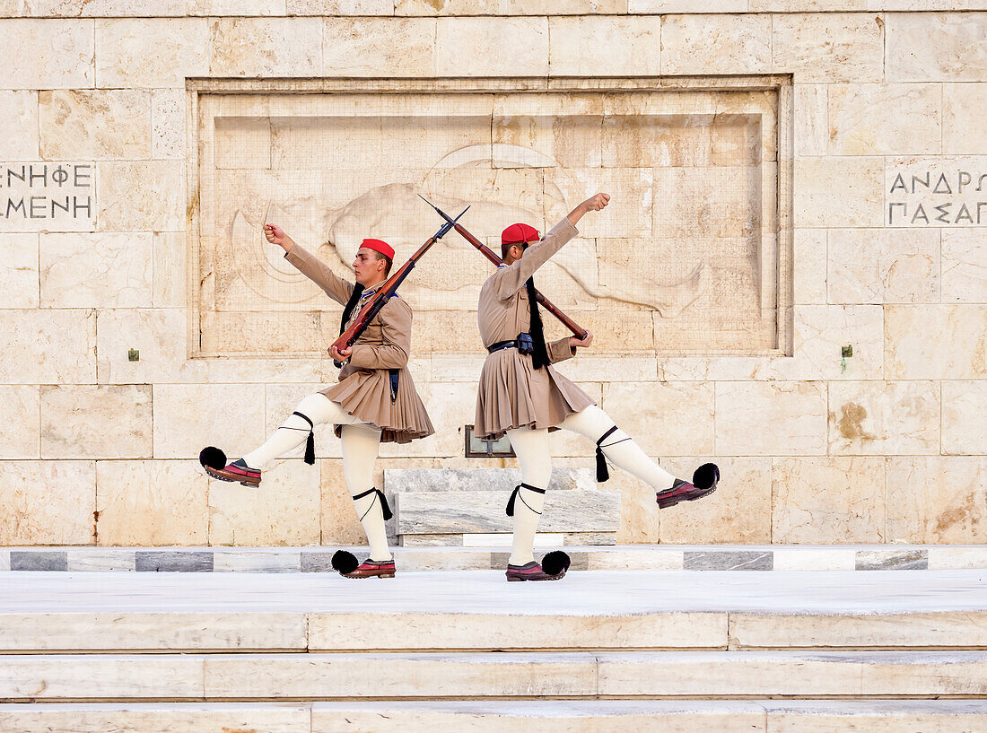 Changing of the Guard in front of the Monument to the Unknown Soldier, Syntagma Square, Athens, Attica, Greece, Europe