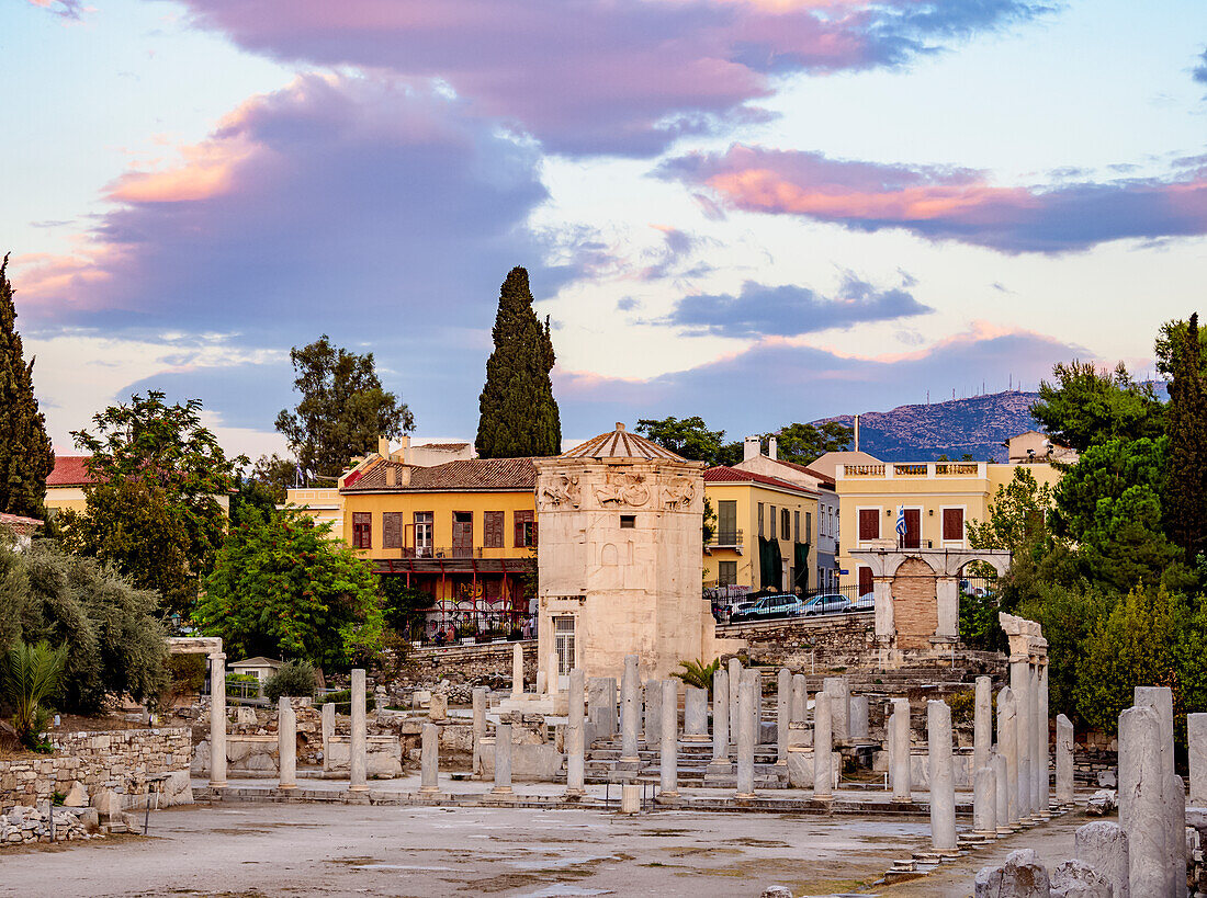 Tower of the Winds (Horologion of Andronikos Kyrrhestes) at sunset, Roman Forum, Athens, Attica, Greece, Europe