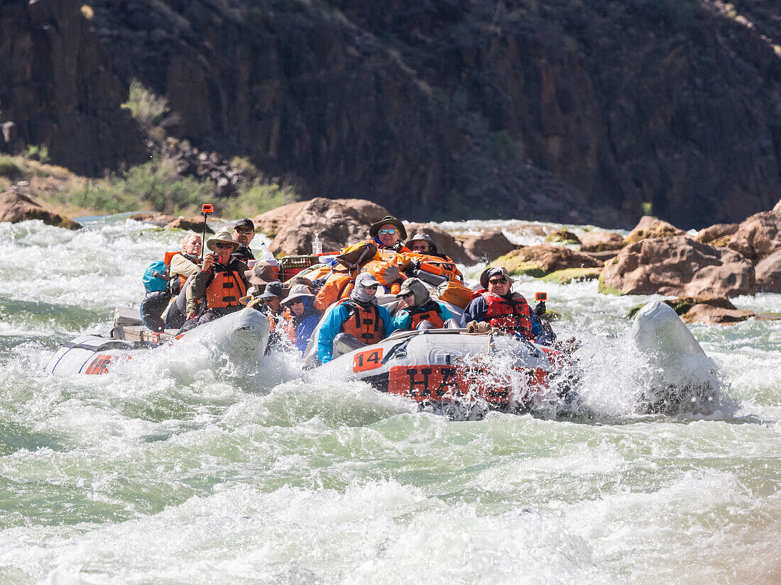 Commercial rafters run the Deubendorff Rapid, just past river mile 132, Grand Canyon National Park, Arizona, United States of America, North America