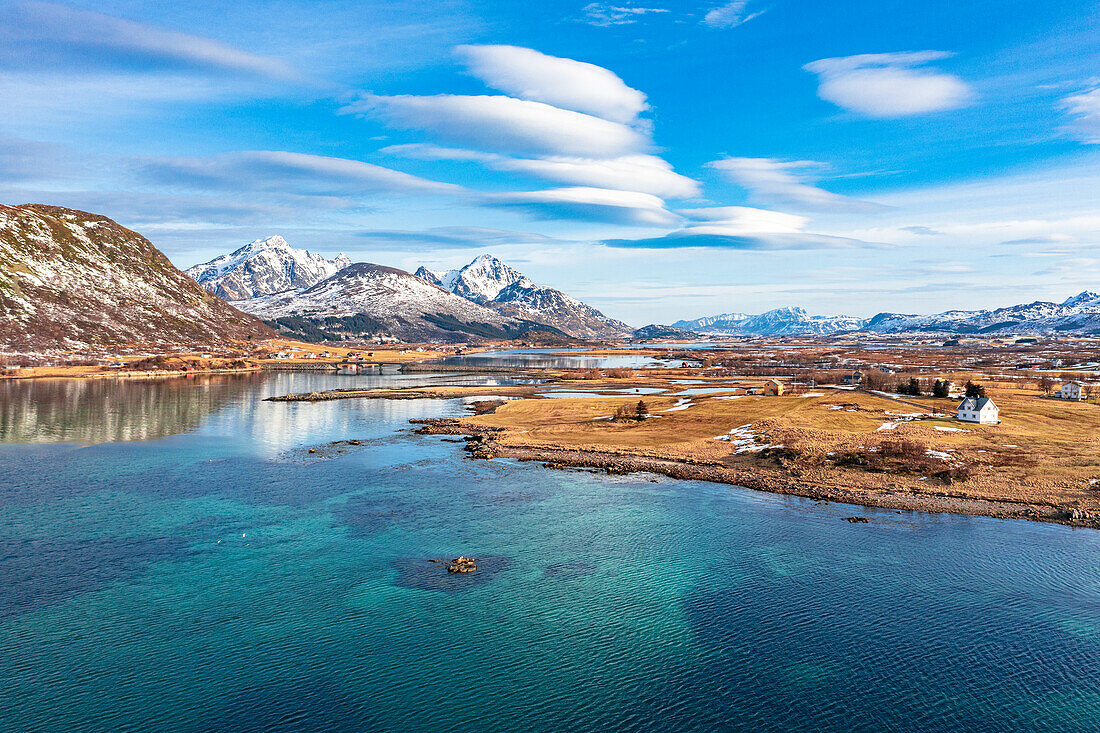 Lone traditional house along the fjord, aerial view, Leknes, Nordland county, Lofoten Islands, Norway, Scandinavia, Europe