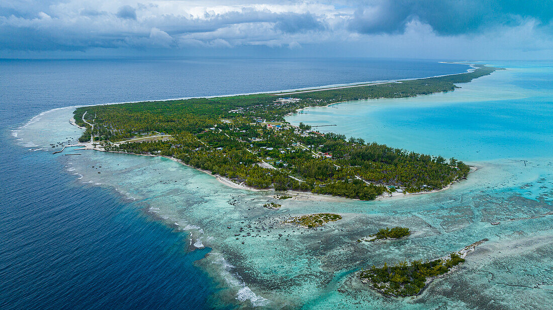 Aerial of the Anaa atoll, Tuamotu archipelago, French Polynesia, South Pacific, Pacific