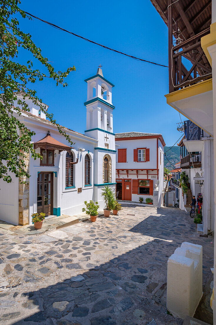 View of whitewashed church, Skopelos Town, Skopelos Island, Sporades Islands, Greek Islands, Greece, Europe