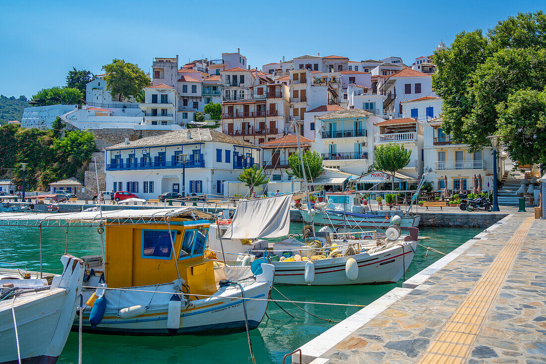 Blick auf die Stadt mit Blick auf den Hafen, Skopelos-Stadt, Skopelos-Insel, Sporaden-Inseln, Griechische Inseln, Griechenland, Europa