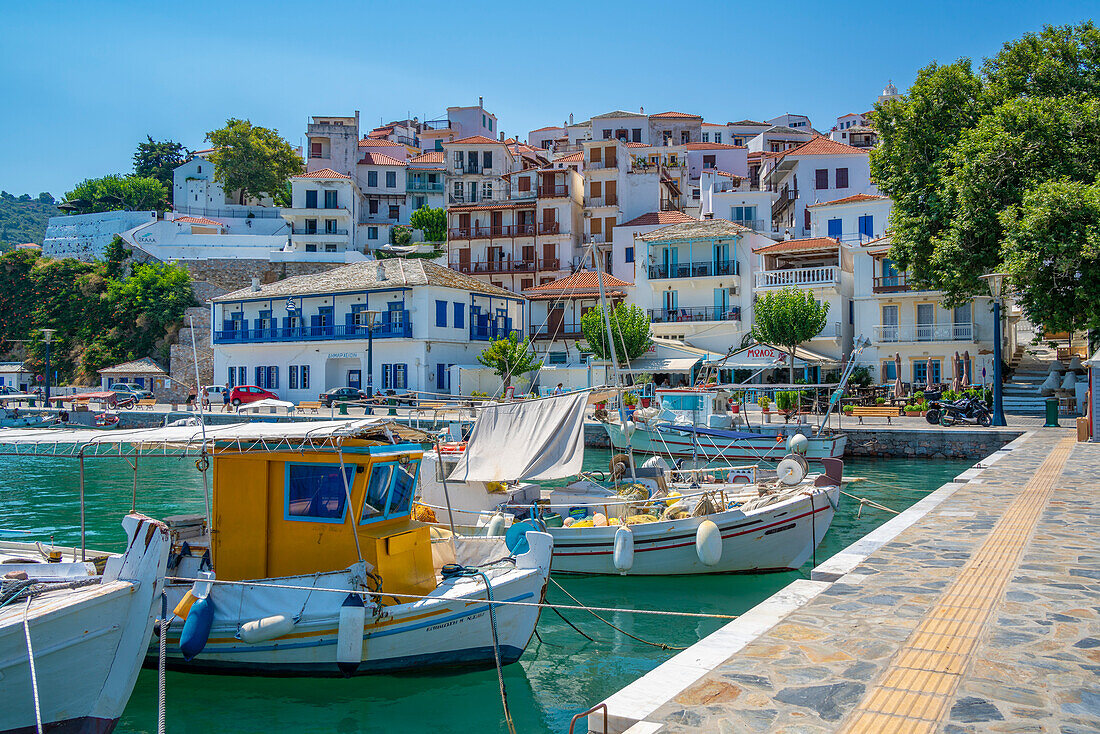 View of town overlooking the harbour, Skopelos Town, Skopelos Island, Sporades Islands, Greek Islands, Greece, Europe