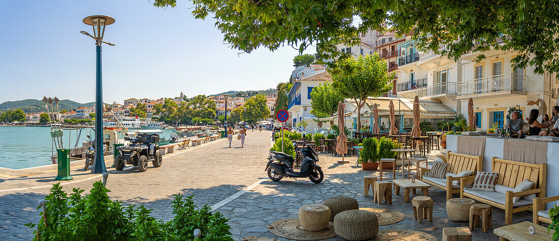 View of old town and promenade, Skopelos Town, Skopelos Island, Sporades Islands, Greek Islands, Greece, Europe