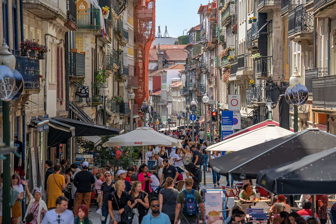 Blick auf Cafés, Geschäfte und Bars auf der belebten Rua das Flores, Porto, Norte, Portugal, Europa