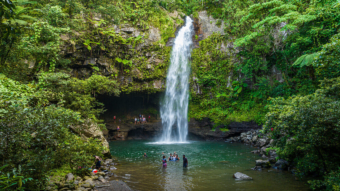 Aerial of the Tavoro Falls, Bouma National Park, Taveuni, Fiji, South Pacific, Pacific