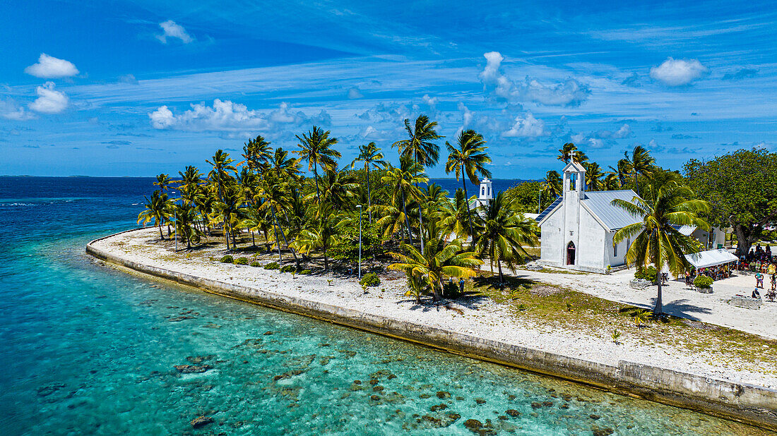 Aerial of an old Christian church, Amaru, Tuamotu Islands, French Polynesia, South Pacific, Pacific