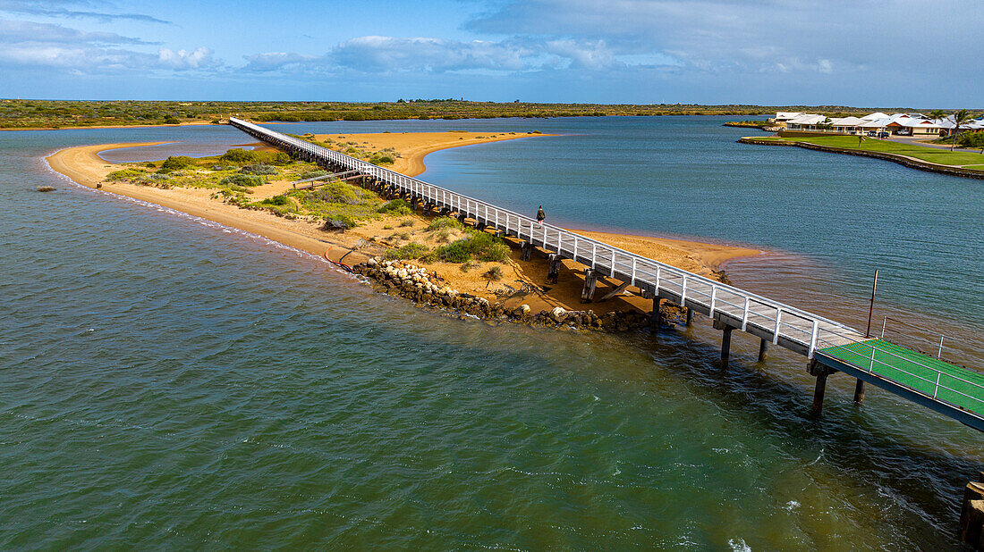 Aerial, the long pedestrian bridge at the ocean, Carnarvon, Western Australia, Australia, Pacific