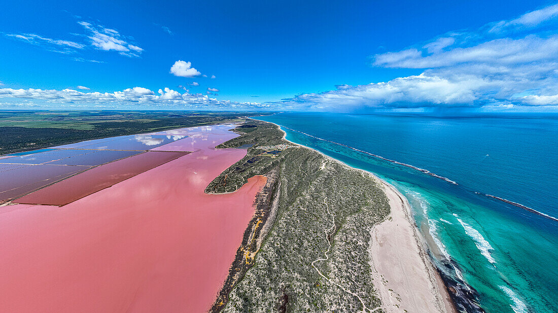 Aerial of the pink coloured Hutt Lagoon, Western Australia, Australia, Pacific