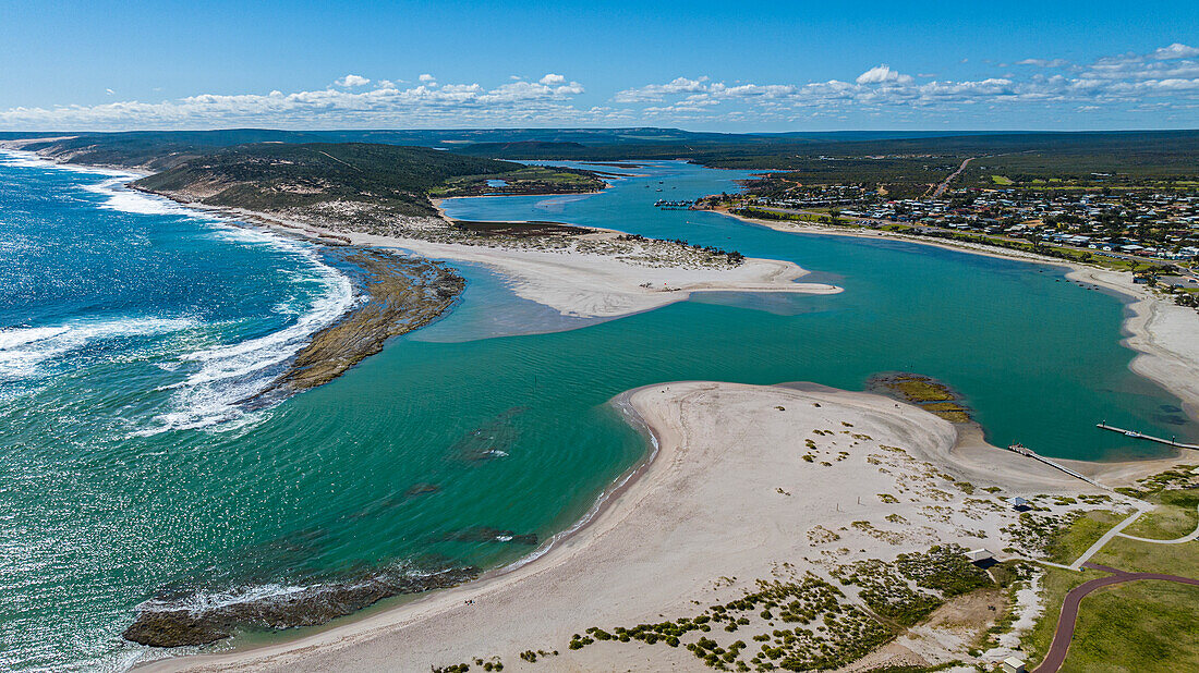 Aerial of the Kalbarri River in Kalbarri at the river mouth, Western Australia, Australia, Pacific