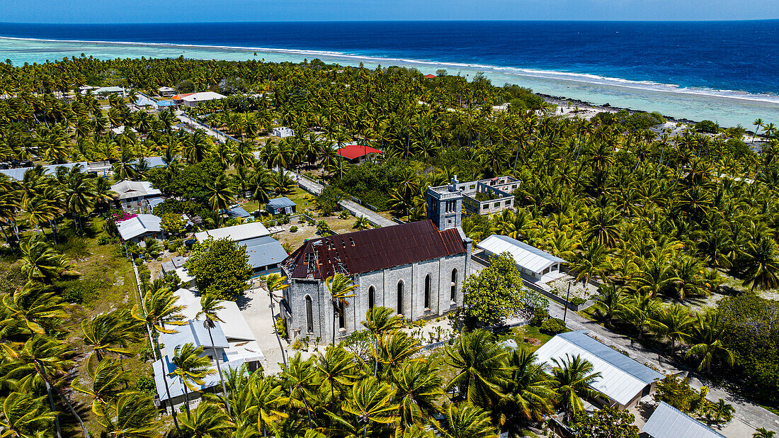 Aerial of the Old Church of St. Michel, Hikueru, Tuamotu archipelago, French Polynesia, South Pacific, Pacific