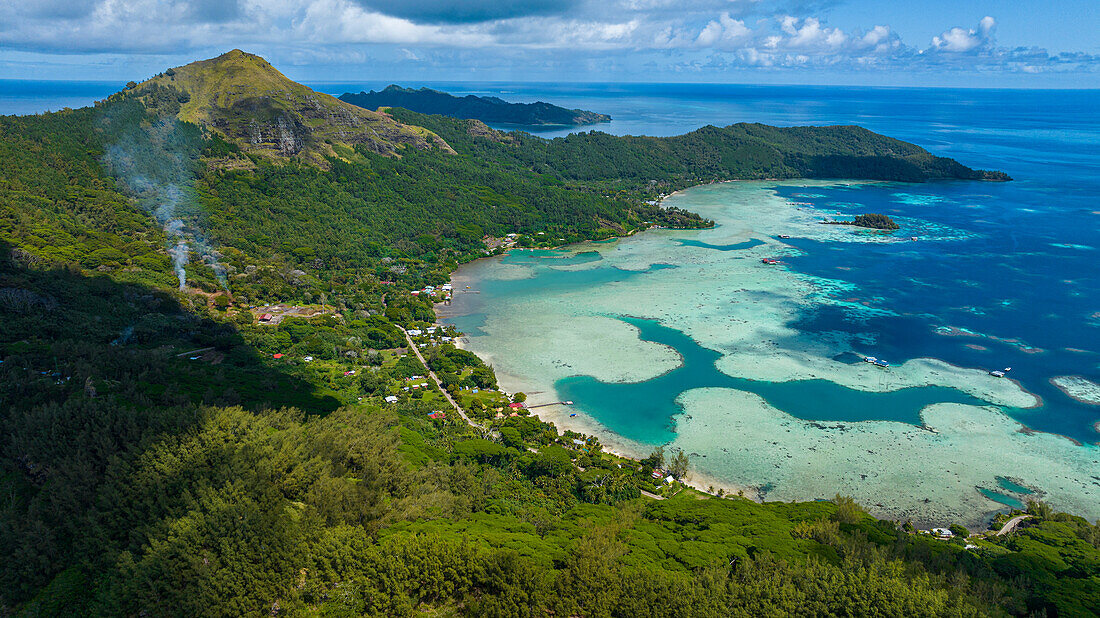 Aerial of Mangareva, Gambier archipelago, French Polynesia, South Pacific, Pacific