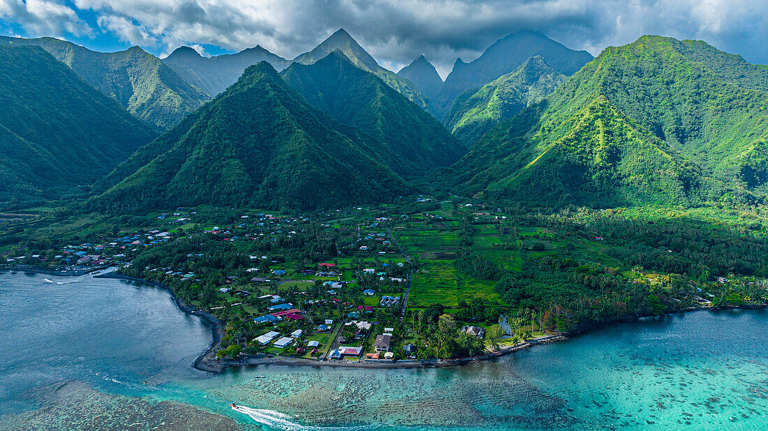 Aerial of Tahiti Iti and its lagoon, Society Islands, French Polynesia, South Pacific, Pacific