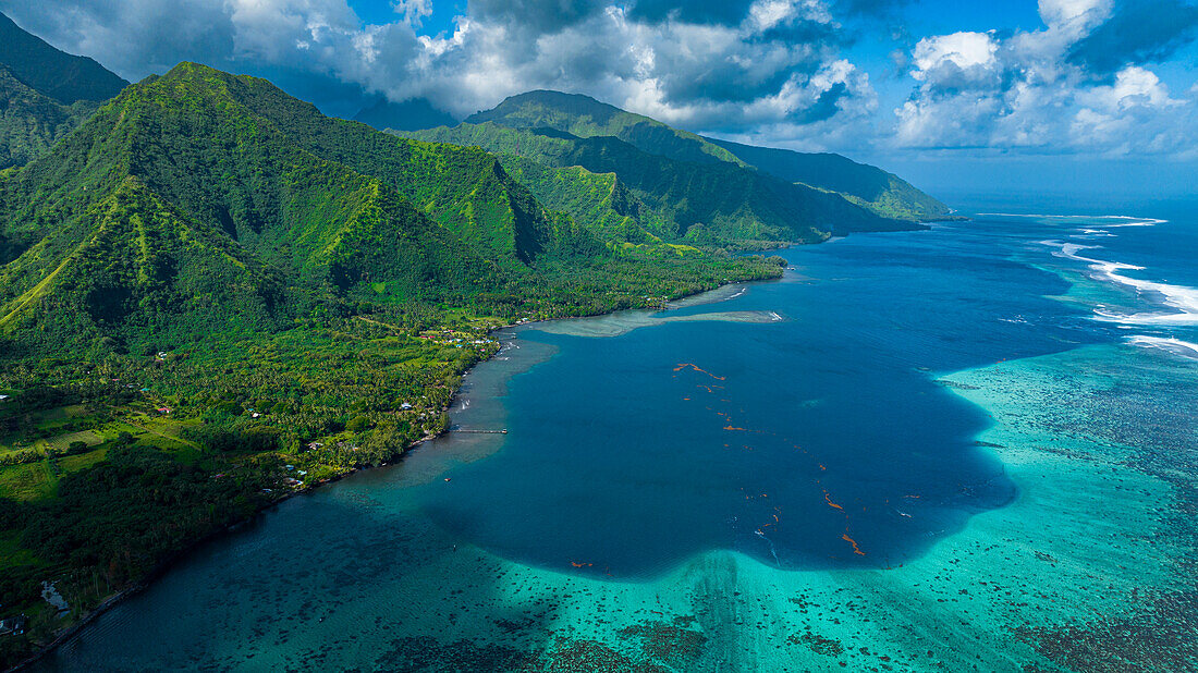 Aerial of Tahiti Iti and its lagoon, Society Islands, French Polynesia, South Pacific, Pacific