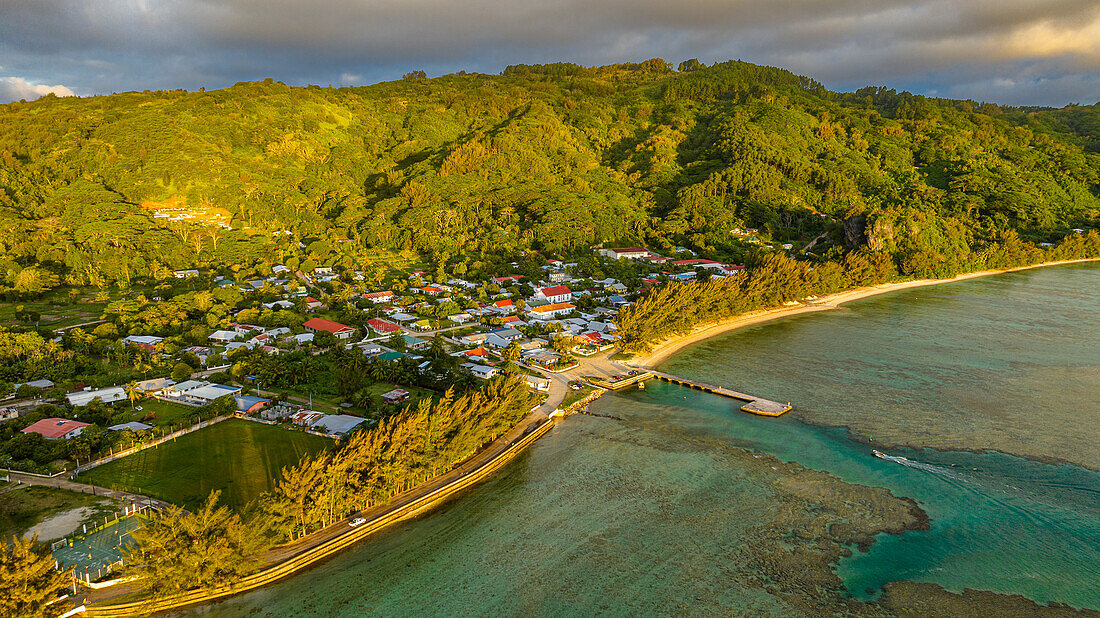 Aerial of Avera, Rurutu, Austral islands, French Polynesia, South Pacific, Pacific