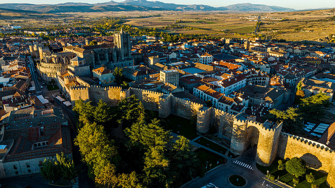 Early morning aerial of the walled city of Avila, UNESCO World Heritage Site, Castilla y Leon, Spain, Europe