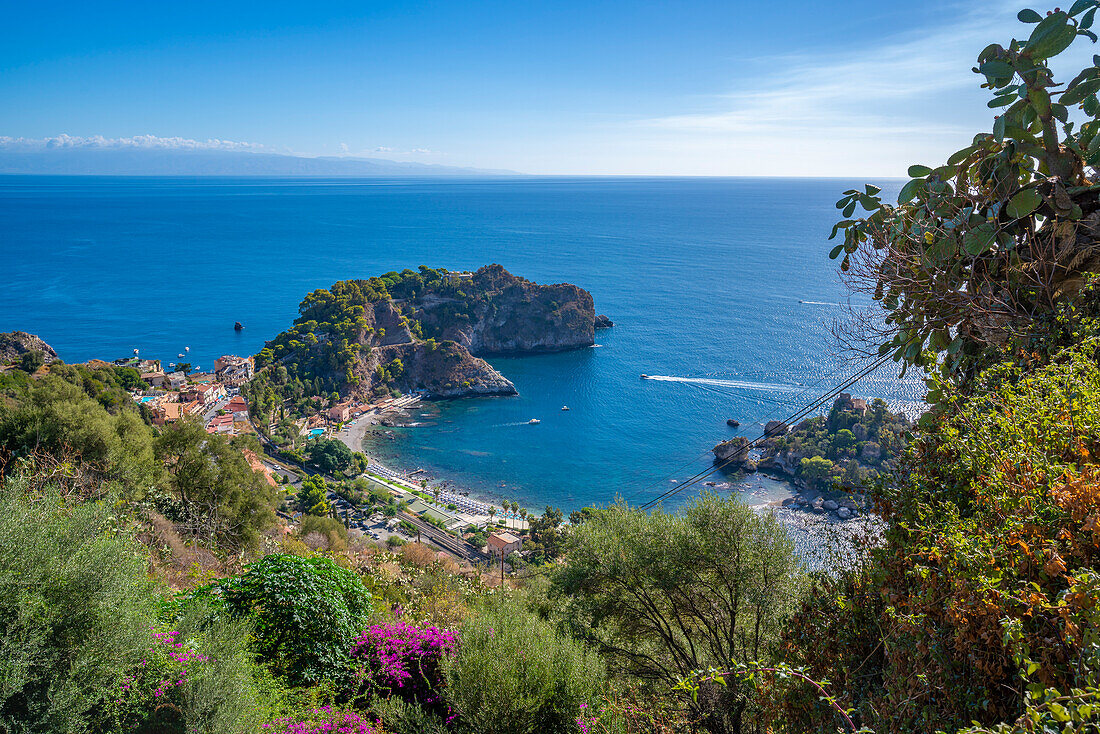 View from Taormina lookout down to Mazzaro and Ionian Sea, Taormina, Sicily, Italy, Mediterranean, Europe
