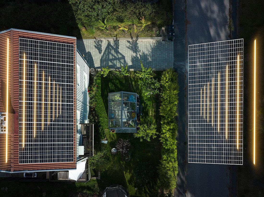 High angle view of roof with solar panels