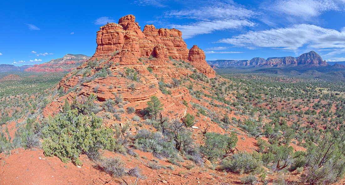 The spires of Cockscomb Butte in Sedona viewed from its south end summit, Arizona, United States of America, North America