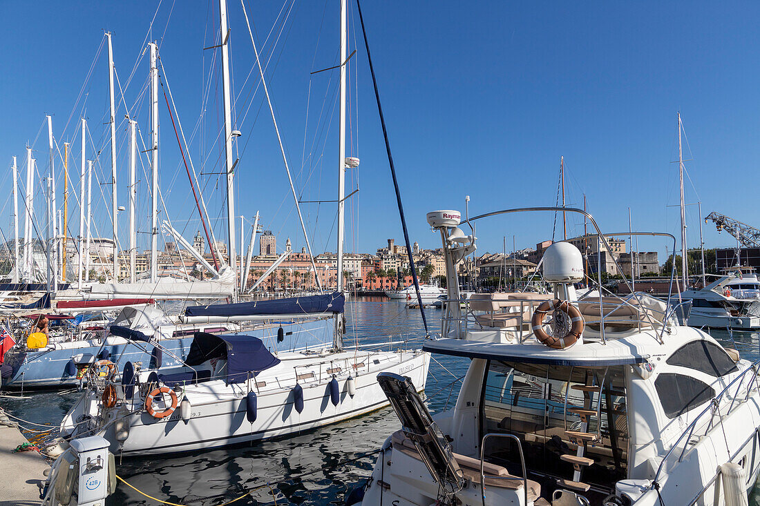 Boats moored in the old harbor, Genoa, Liguria, Italy, Europe