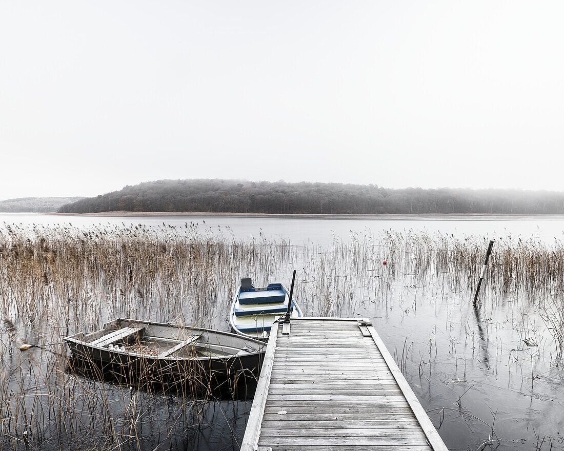 Rowing boats moored at jetty