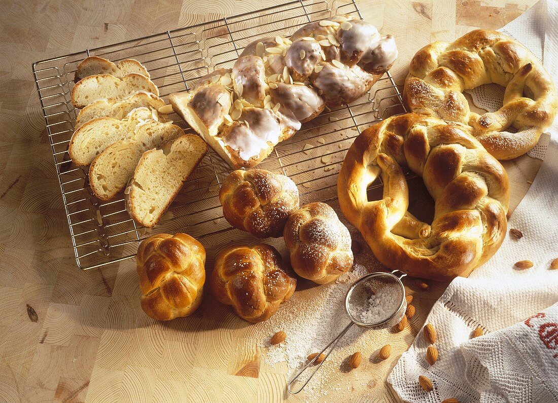 Yeast plait, pretzel and rolls