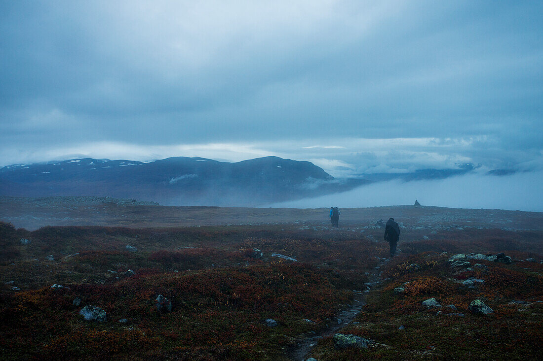 People walking down meadow on cloudy day