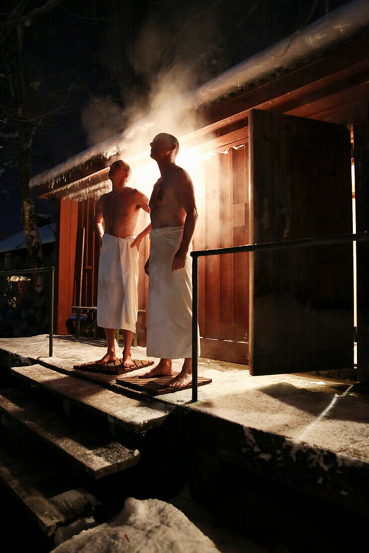 Two men after bath in sauna