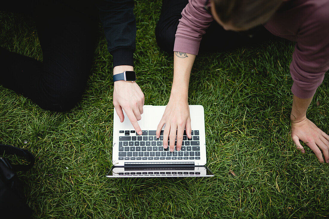 Two men using laptop on grass