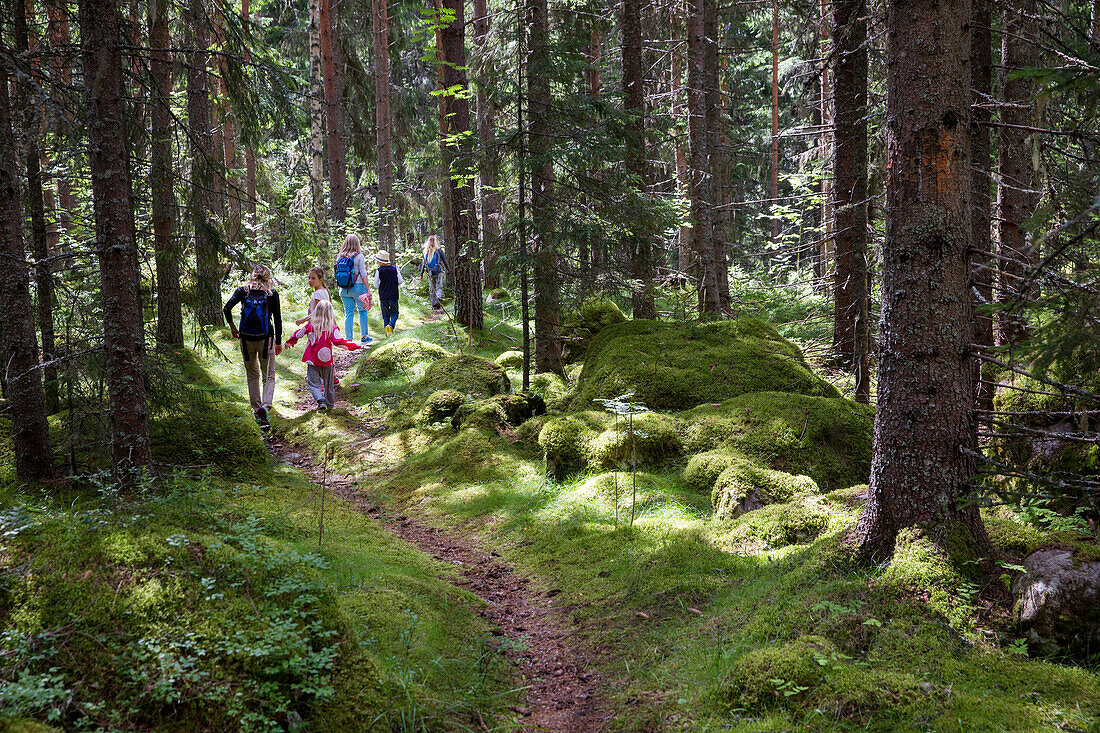 Parents with children walking through forest