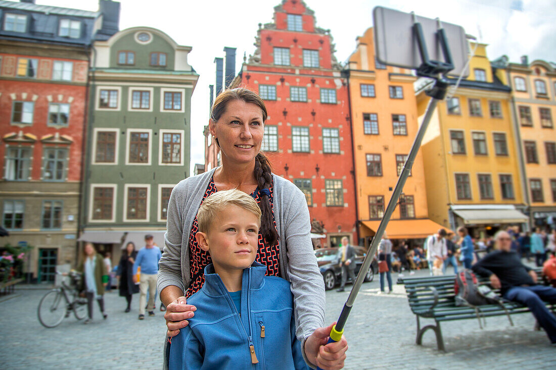 Mother and son taking selfie