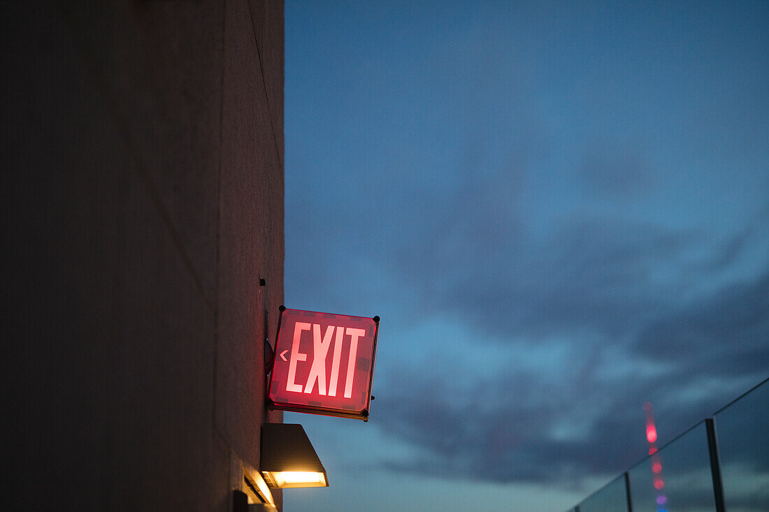 Exit sign at dusk