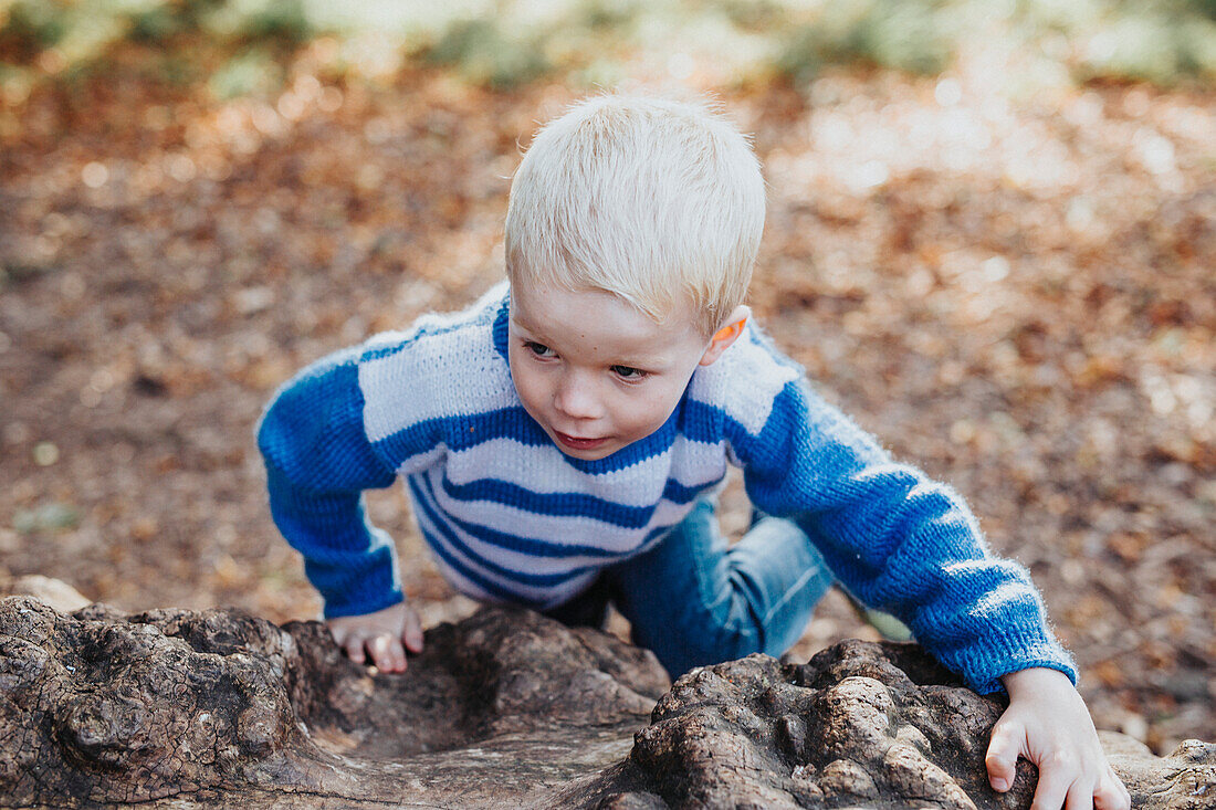 Blonder Junge klettert auf Felsen