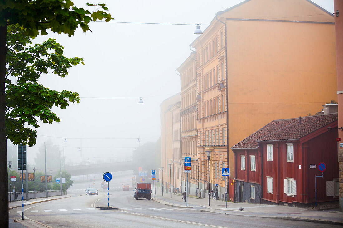 City street in fog