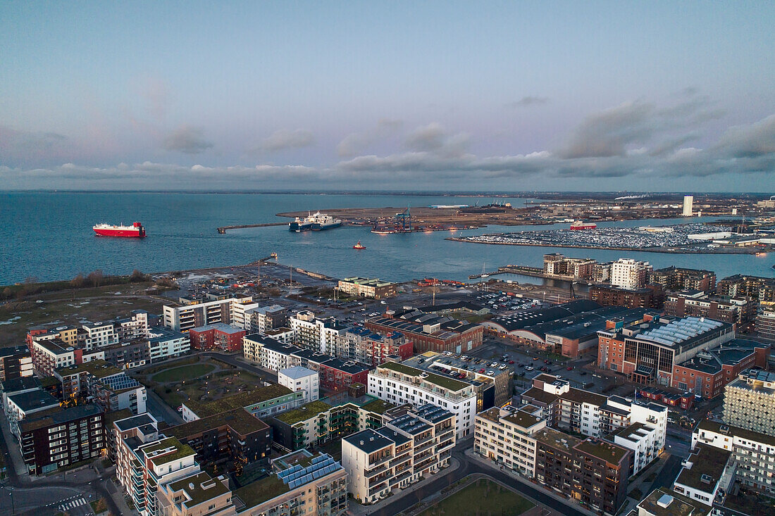 Elevated view of city district and harbour
