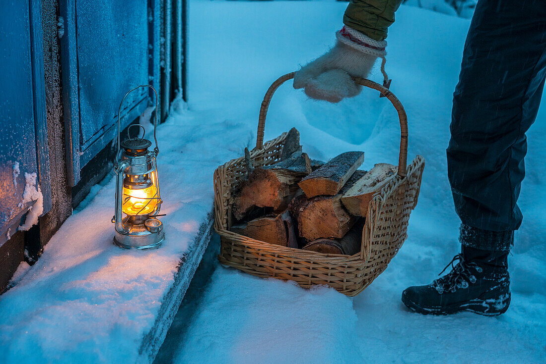 Man with firewood in basket