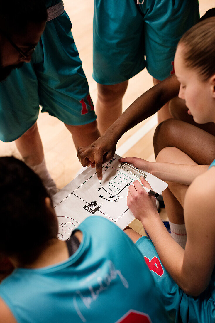 Female basketball players planning game