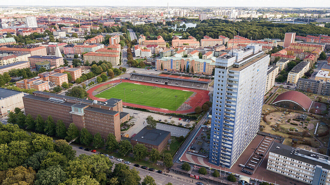 Aerial view of stadium in city