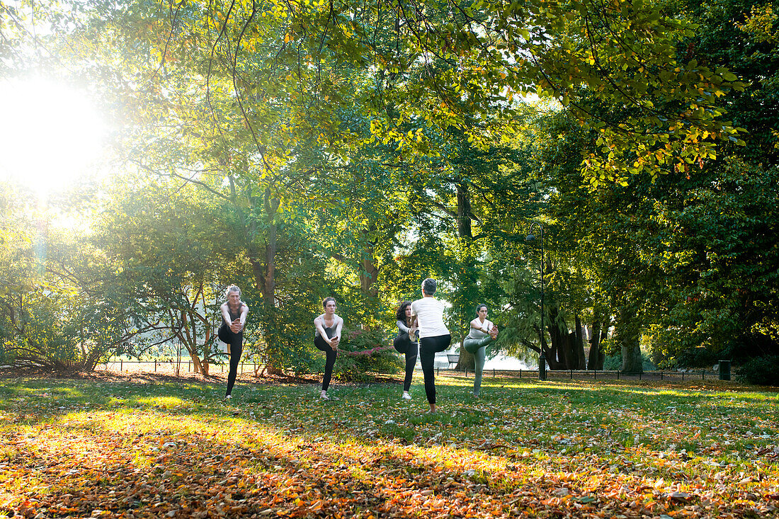 Group of women practicing yoga in park