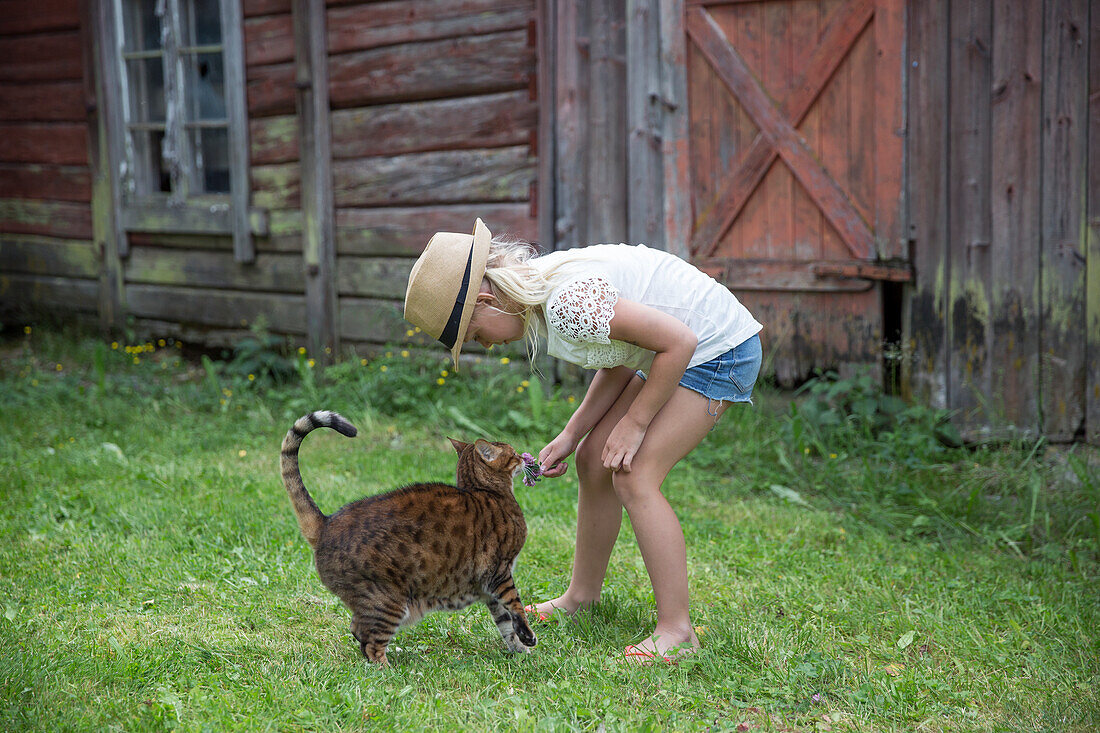 Girl playing with cat