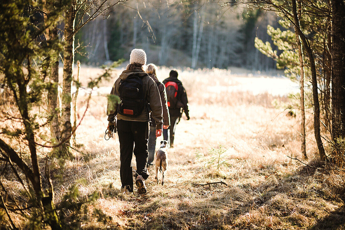 People walking through meadow