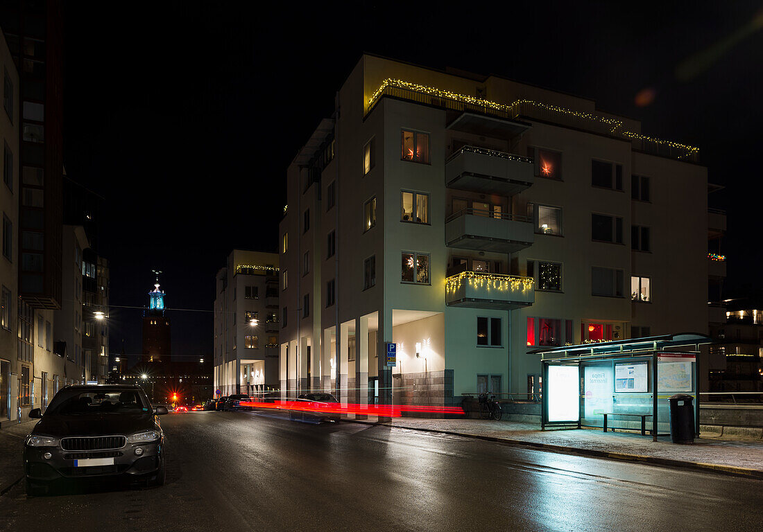 Illuminated block of flats at night