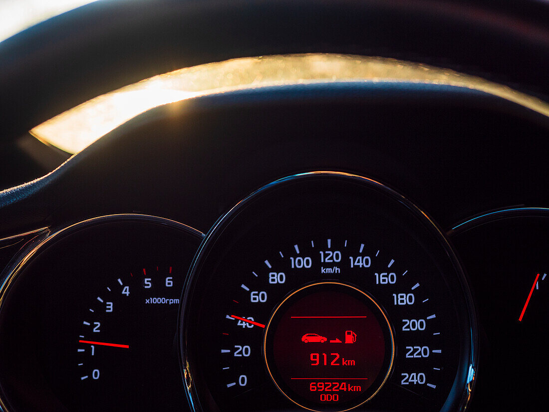 Close-up of speedometer in car