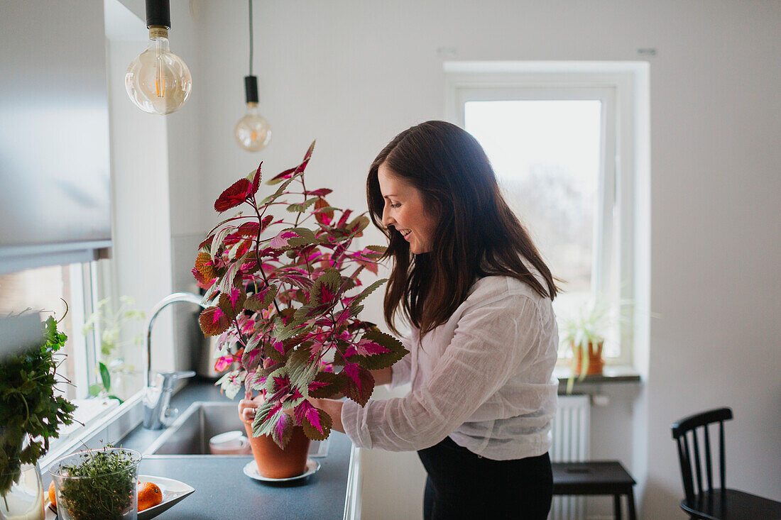 Woman taking care of potted plant