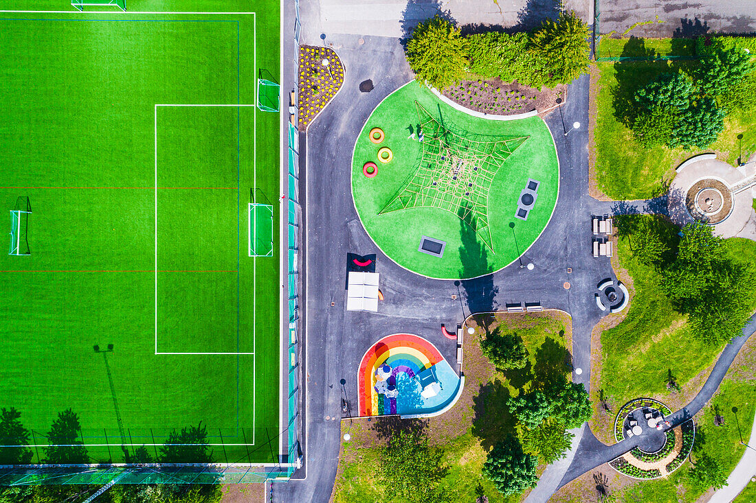 Aerial view of playground and football pitch