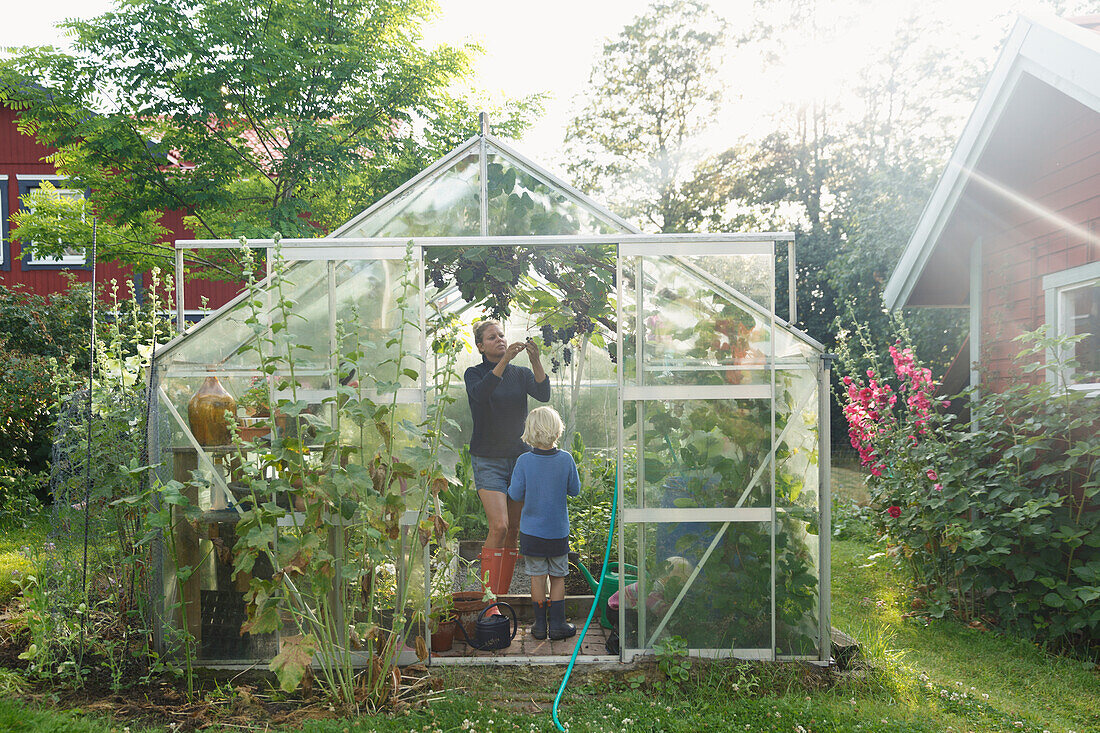 Mother with son in greenhouse