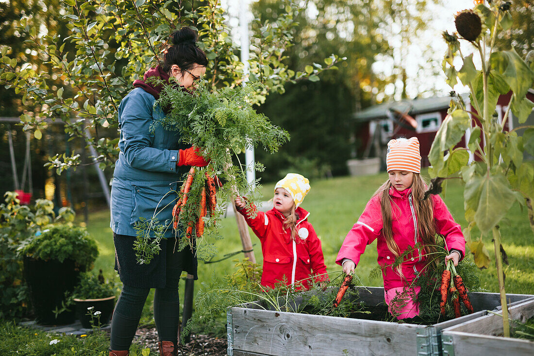 Mother with daughters on vegetable patch